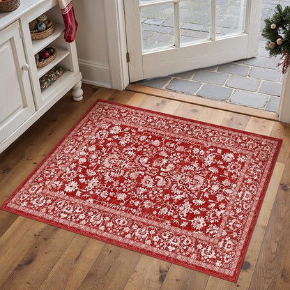 Christmas Area Rug 2x3 Red Washable Entryway Non Slip Small Carpet Holiday Door Mat Vintage Distressed Floral Accent Rug Low Pile Soft Thin Xmas Doormat for Bathroom Laundry Kitchen