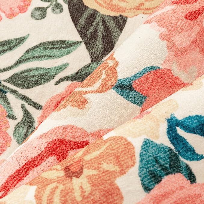 Washable Floral Area Rug 5x7 Beige Living Room Carpet Scalloped Flower Non Slip Soft Bedroom Rug Farmhouse Low Pile Thin Indoor Floor Cover for Office Dining Room Kitchen Bathroom