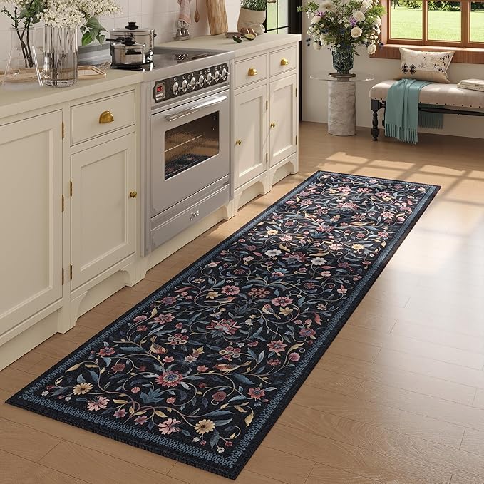 Vintage Medallion Floral Kitchen Runner 2x6, Machine Washable Rug, Soft Low Pile, Non-Slip Carpet for Hallways, Laundry, Bedroom, Bathroom, Entryway | Blue