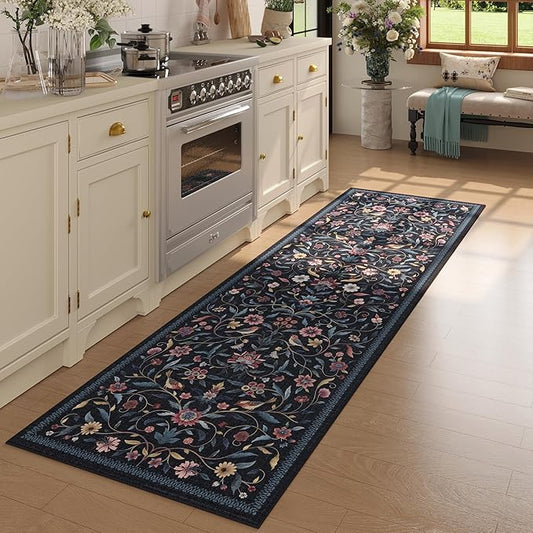 Vintage Medallion Floral Kitchen Runner 2x6, Machine Washable Rug, Soft Low Pile, Non-Slip Carpet for Hallways, Laundry, Bedroom, Bathroom, Entryway | Blue