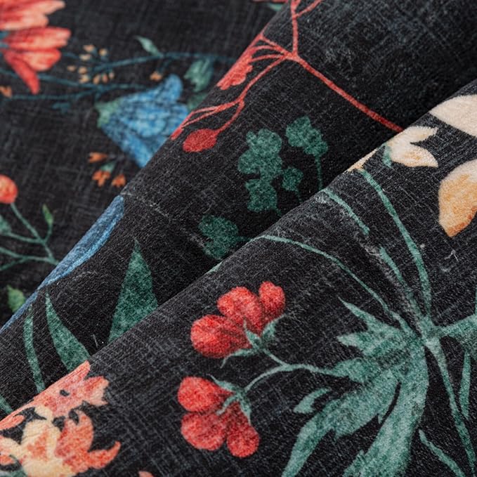 Floral Runner Rug 2x7 Washable Hallway Long Black Bedroom Carpet Non Slip Indoor Boho Kitchen Low Pile Accent Rug Lightweight Soft for Bathroom Dining Laundry Living Room