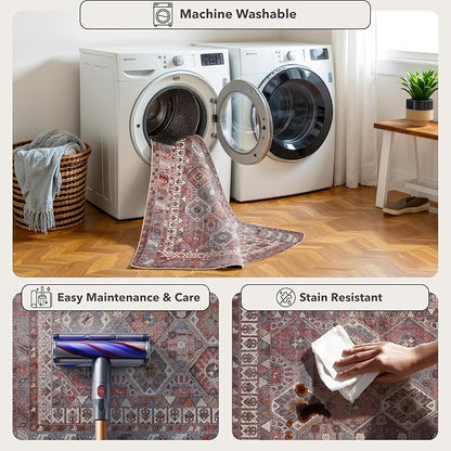Kuden 2'6"x10 Runner Rug, Machine Washable Area Rug with Non-Slip Backing, Vintage Style, Soft, Easy Clean, Low Pile Rug for Hallway, Entryway, Kitchen, Bedroom