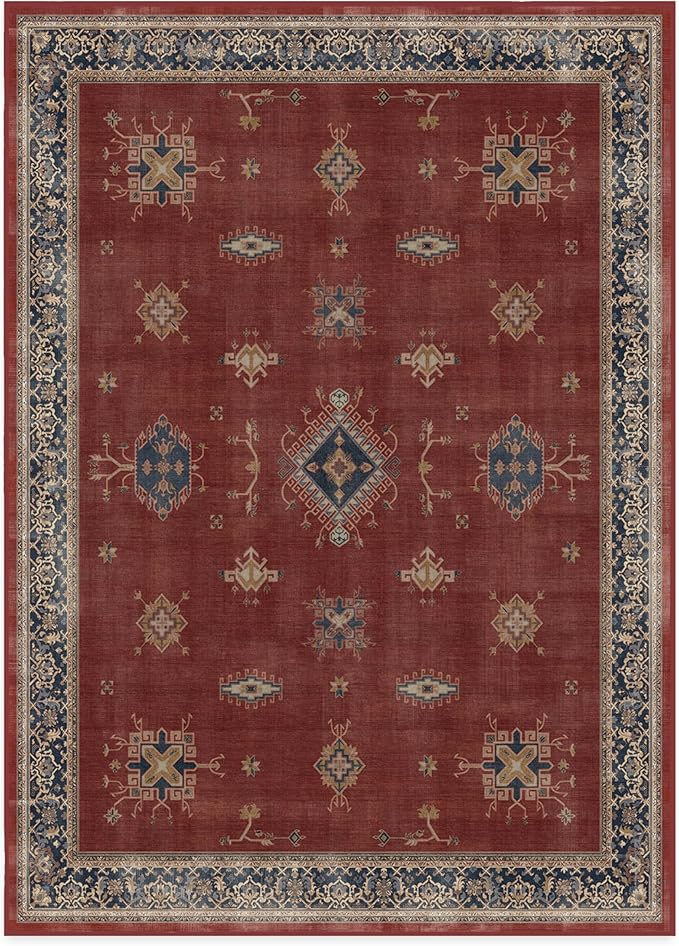 RUGGABLE Washable Vintage Area Rug – Verena Amber Red 10x14, Stain-Resistant, Non-Slip – Large Machine Washable Rugs for Living Room, Bedroom, Hallway, Entryway & Office–with Cushioned Pad
