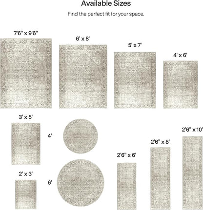 ReaLife Rugs Machine Washable Area Rug - Living Room Bedroom Bathroom Kitchen Entryway Office - Padded Low Pile Stain Resistant Premium - Boho Farmhouse Vintage - Lyle - Beige Ivory 5' x 7'