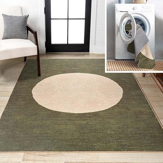 JONATHAN Y Machine Washable Green/Cream Indoor Area Rug 5X8 ft, Cirkel Minimalist Geometric Dot for Living Room, Bedroom, Kitchen, Office, Easy-Cleaning, Pet-Friendly, Non-Shedding WSH113B-5