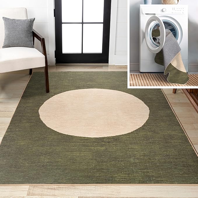JONATHAN Y Machine Washable Green/Cream Indoor Area Rug 4X6 ft, Cirkel Minimalist Geometric Dot for Living Room, Bedroom, Kitchen, Office, Easy-Cleaning, Pet-Friendly, Non-Shedding WSH113B-4