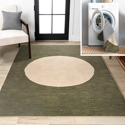JONATHAN Y Machine Washable Green/Cream Indoor Area Rug 3X5 ft, Cirkel Minimalist Geometric Dot for Living Room, Bedroom, Kitchen, Office, Easy-Cleaning, Pet-Friendly, Non-Shedding WSH113B-3