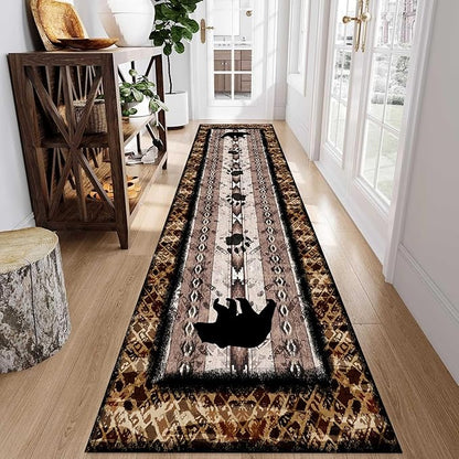 Unique Wildlife Runner Rug, 4x10ft, Bear Border Design Area Rug, Rustic Log Cabin Runner for Entryway, Rubber Backing Durable Floor Rug, Vintage Western Decoration, Fade-Resistant Print Carpet