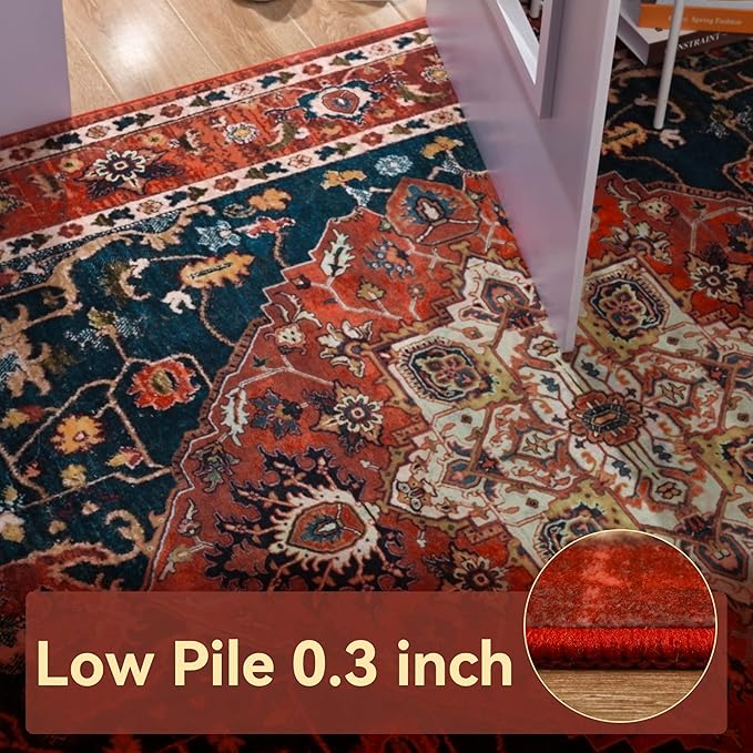 YJ.GWL Area Rugs for Living Room 5x7 Machine Washable Rugs, Non Slip Floral Vintage Rug Indoor Carpet, Stain Resistant Large Rug for Bedroom Dining Room, Orange-Red