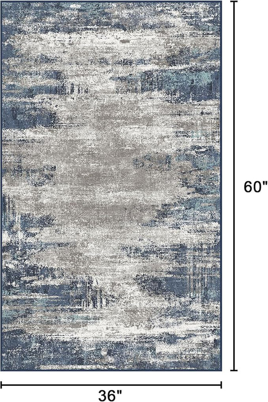 Bavni Washable Area Rug, Soft Abstract Rugs Non-Slip, Thin Foldable 3x5 Rug, Modern Stain Resistant Rug for Living Room, Kitchen, Bedroom, Blue/Ivory