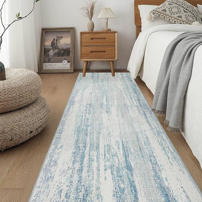 MUJOO Washable Runner Rug 2x8,Modern Abstract Area Rugs for Kitchen Hallways Bedroom Bedside Bathroom Laundry,Non Slip Throw Carpet Long Mat Indoor,Low Pile Accent Neutral Blue