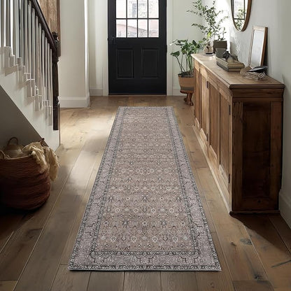 Kuden 2'6"x7' Runner Rug, Machine Washable Area Rug with Non-Slip Backing, Vintage Style, Soft, Easy Clean, Low Pile Rug for Hallway, Entryway, Kitchen, Bedroom