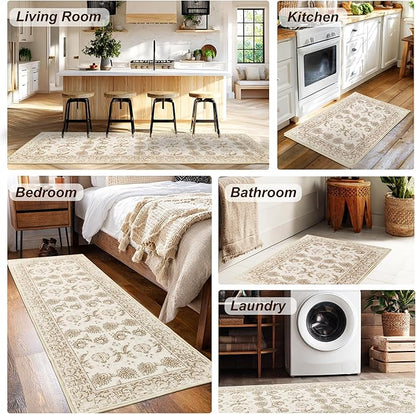 XWZO Washable Hallway Runner Rug 2x8ft — Non-Slip Low Pile Area Rug with Rubber Backing, Spill Resistant Soft Vintage Floor Carpet Runner for Kitchen Entryway Doorway Bedroom Corridor, Beige