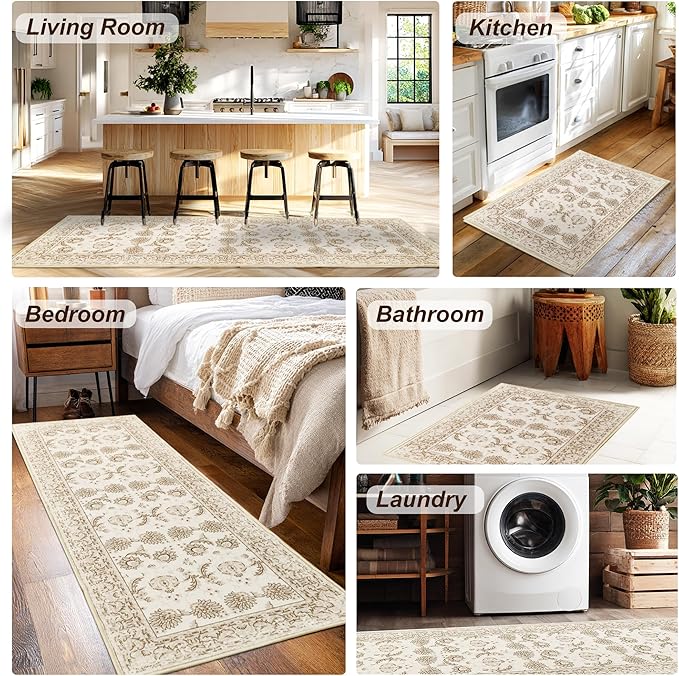 XWZO Entryway Area Rug 2x3ft — Soft Low Pile Non-Slip Door Mat for Bedroom Bathroom Kitchen Laundry Farmhouse, Spill Resistant Washable Small Indoor Carpet for Doorway & Entrance, Beige