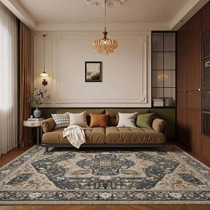 EnHomee 5x7 Area Rugs Washable for Bedroom, Boho Vintage Rugs, Foldable Area Rug for Dining Room, Non-Slip Soft Living Room Rug, Low Pile Large Carpet for Bathroom, Blue and Brown