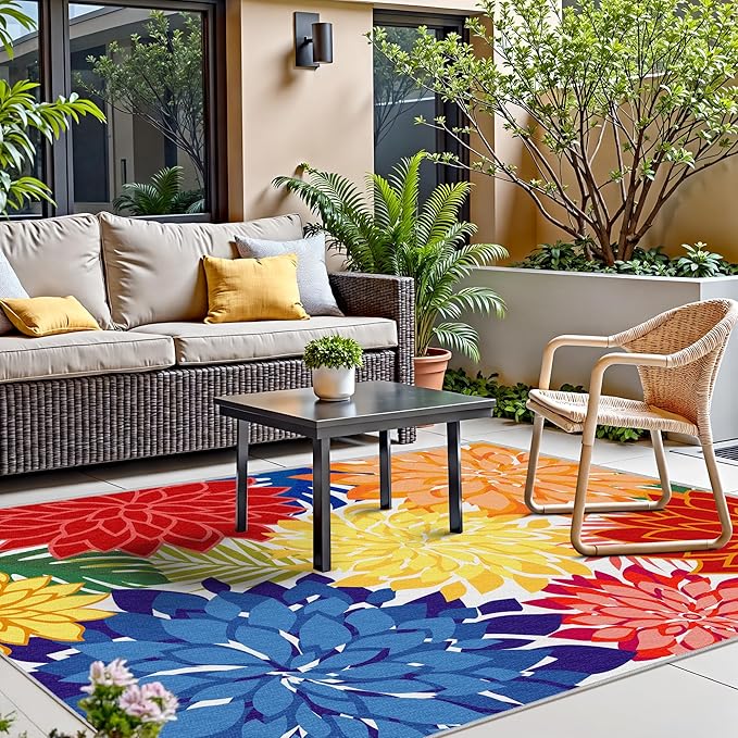 Outdoor Area Rug Washable Multicolored Patio Rug Tropical Botanical Modern Floral Outdoor Carpet Non-Slip for Patio, Deck, Backyard, Porch (8x10)
