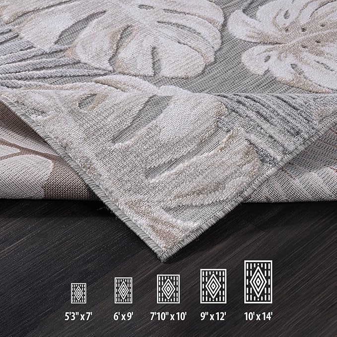 CAMILSON Indoor Outdoor Rug, Beige 9’x12’ Leaf Tropical Botanical Area Rugs for Indoor and Outdoor patios, Easy-Cleaning Non-Shedding Living Room, Garden and Kitchen Washable Outside Carpet (9x12)