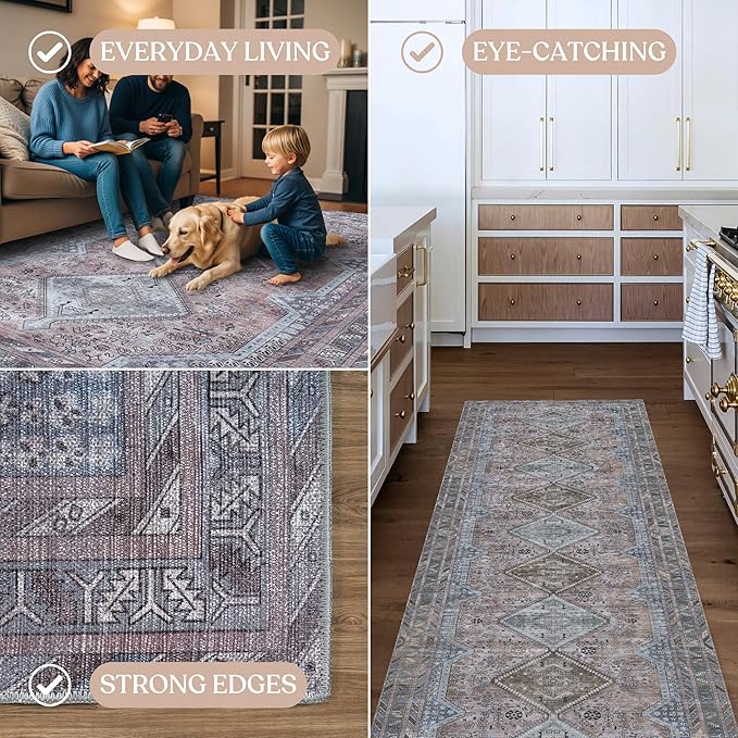 Washable Area Rug. Modern Farmhouse. Vintage. Turkish. Bohemian. Distressed. Oriental. Traditional. Rugs for Living Room. Dining. Bedroom. Office. Entryway. Foyer. (863BM, 2'5" x 4'9")