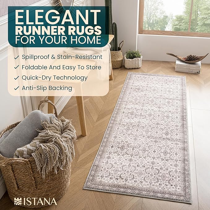Istana Hallway Runner Rug 2x6 - Beige Grey/Light Cream Kitchen Rugs Non Slip Washable -Silk's Soft Touch Carpet Runner - Stylish Rug for Home