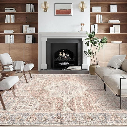 ReaLife Rugs Machine Washable Area Rug - Living Room Bedroom Bathroom Kitchen Entryway Office - Padded Low Pile Stain Resistant Premium - Boho Farmhouse Vintage - Lyle - Gray Ivory Blush 5' x 7'
