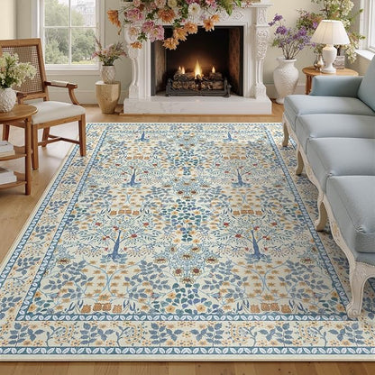 6x9 Area Rugs Living Room Rug - Floral Vintage Morris-Inspired Washable Carpet, Low Pile Non-Shedding Stain Resistance Boho Soft Carpet for Bedroom, Dining Room, Office, Farmhouse (6'x9' Blue/Orange)