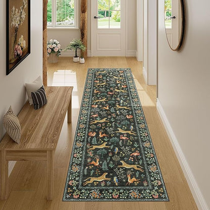 DUKINO Runner Rug, 2x7 Washable Kitchen Rugs for Hallways with Non Slip Backing, Soft Low Pile Vintage Animal Runner for Kitchen, Hallway, Entryway, Laundry, Bedroom, Black