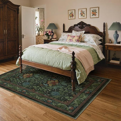 Bavni 5x7 Area Rugs for Living Room, Microfiber Machine Washable Non-Slip Vintage Floral Rug, Low Pile Lightweight Carpet for Bedroom, Dining Room, Home Office, Dark Green