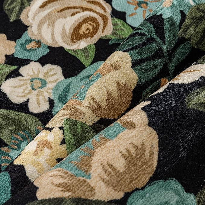 Washable Floral Runner Rug 2x6 Black Hallway Carpet Scalloped Flower Non Slip Soft Long Kitchen Runner Farmhouse Low Pile Thin Indoor Floor Cover for Bathroom Bedroom Laundry Room Entryway