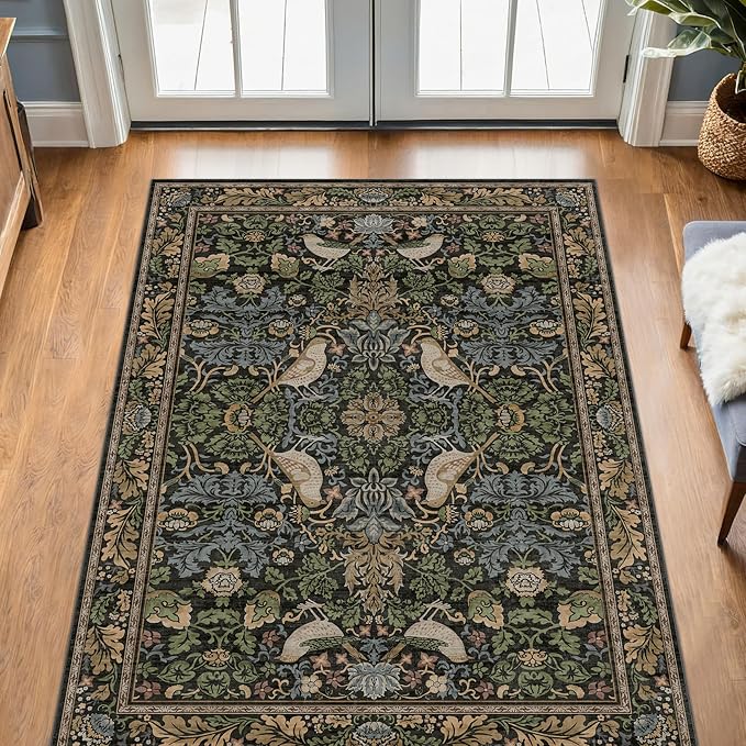 Vintage Floral Area Rug 5x7 for Living Room - Dark Green Forest Bird Rugs for Bedroom, Dinning Room, Office, Non Slip Stain Resistant Low Pile