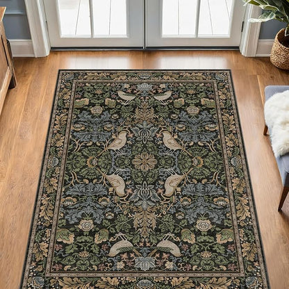 Vintage Floral Area Rug 5x7 for Living Room - Dark Green Forest Bird Rugs for Bedroom, Dinning Room, Office, Non Slip Stain Resistant Low Pile