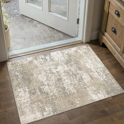 Beige Area Rug 2x3 Machine Washable Modern Abstract Entryway Carpet Non Slip Neutral Door Mat Low Pile Soft Non Shedding Contemporary Throw Rug for Bathroom Laundry Kitchen Dining Room