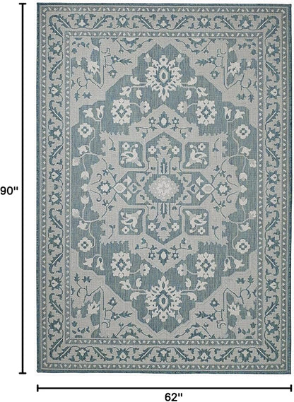 FH Home Flat Woven Outdoor Rug - Waterproof, Easy to Clean, Stain Resistant - Premium Polypropylene Yarn - Vintage - Patio, Porch, Deck, Balcony - Shiraz - Ocean - 5ft 4in x 7ft 6in