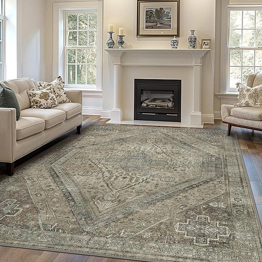 Bavni Washable Rug 8x10 Area Rug for Living Room Bedroom Dining, Washable Vintage Print Carpet, Ultra-Thin Chenille Low Pile Lightweight Rug with Non Slip Backing, Tan