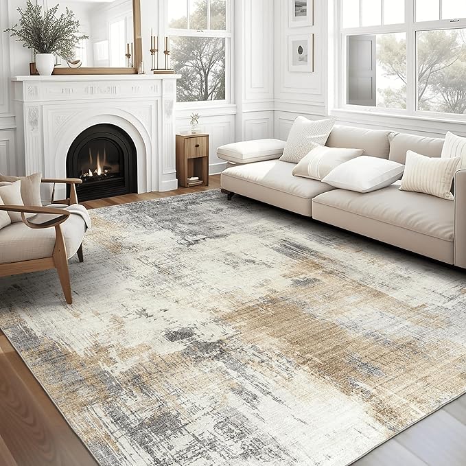 ReaLife Rugs Machine Washable Area Rug Runner - Living Room Bedroom Bathroom Kitchen Entryway Office - Padded Low Pile Stain Resistant Premium - Modern Abstract Contemporary - Quinn - Beige 3' x 5'