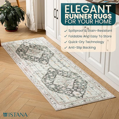 Istana Hallway Runner Rug 2x6 - Light Green/Beige Kitchen Rugs Non Slip Washable -Silk's Soft Touch Carpet Runner - Stylish Rug for Home