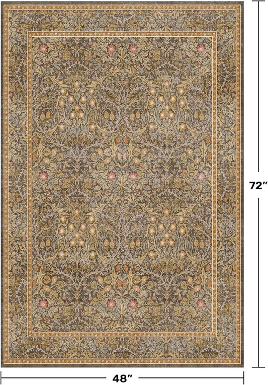 Vintage Brown 4x6 Area Rugs for Large Entryway, Bedroom Beside Rug, Kitchen, Mudroom, Non-Slip Low Pile Ultra Soft Stain Resistant Small Floral Carpet