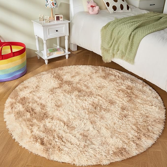Andency Tie-Dyed Beige Round Area Rug for Living Room, 4x4 Shag Rug for Bedroom, Fluffy Circle Carpet for Home Decor, Room, Fuzzy Plush Circular Rug for Dorm Playroom