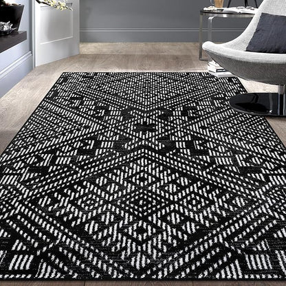 Rugshop Boho Black Tribal Area Rug Modern Indoor Carpet for Living Room, Bedroom, or Entryway – Non-Shedding, Low Pile Geometric Design 4' x 6'