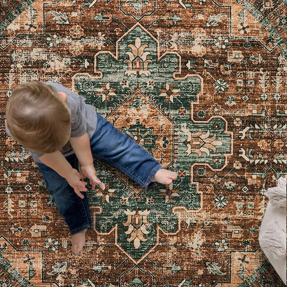 Moynesa Ultra-Thin Washable Runner Rug - 2x7 Kitchen Runner Stain Resistant Hallway Mat, Non-Slip Non-Shedding Bathroom Laundry Carpet Runner for Front Door Bedside Camper, Brick Red/Dull Teal