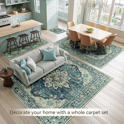 Area Rugs 3'x5' Washable Non-Slip, Floral Vintage Distress Print Pattern Medallion Carpet for Living Room Bedroom Dining Room, Dark Blue Vintage