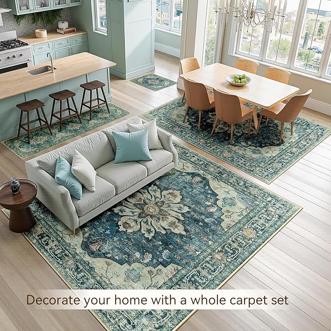 Area Rugs 9'x12' Washable Non-Slip, Floral Vintage Distress Print Pattern Medallion Carpet for Living Room Bedroom Dining Room, Dark Blue Vintage