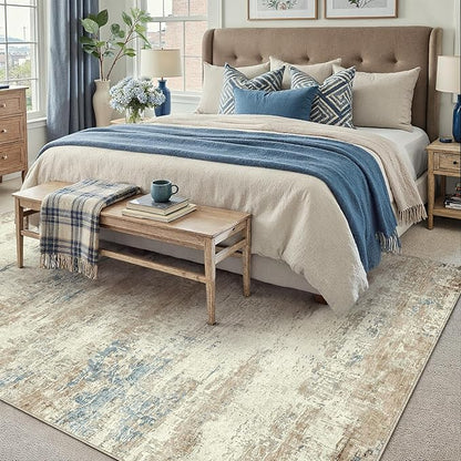 8x10 Area Rug Washable Beige Brown Abstract Living Room Carpet Non Slip Modern Neutral Soft Low Pile Contemporary Aesthetic Bedroom Large Rug Indoor Office Dining Room Playroom