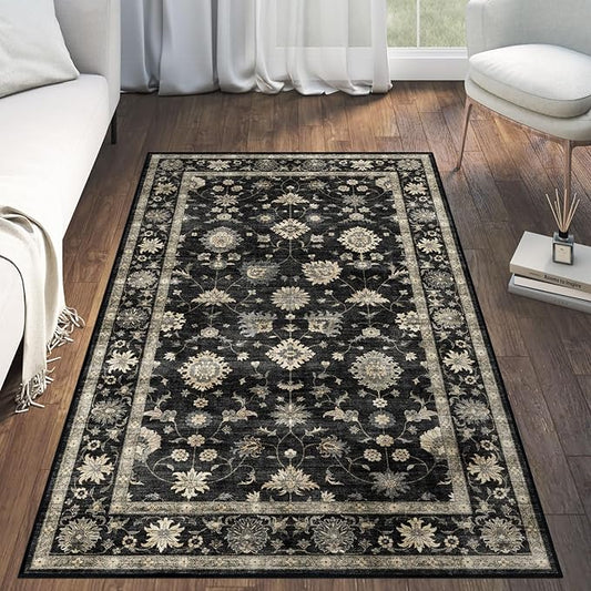3x5 Washable Area Rug - Small Entryway Rug Non-Slip Charcoal Black Vintage Traditional Floral Kitchen Rugs Low Pile Boho Entry Carpet Throw Rugs for Living Room Bedroom Bathroom Entrance Office