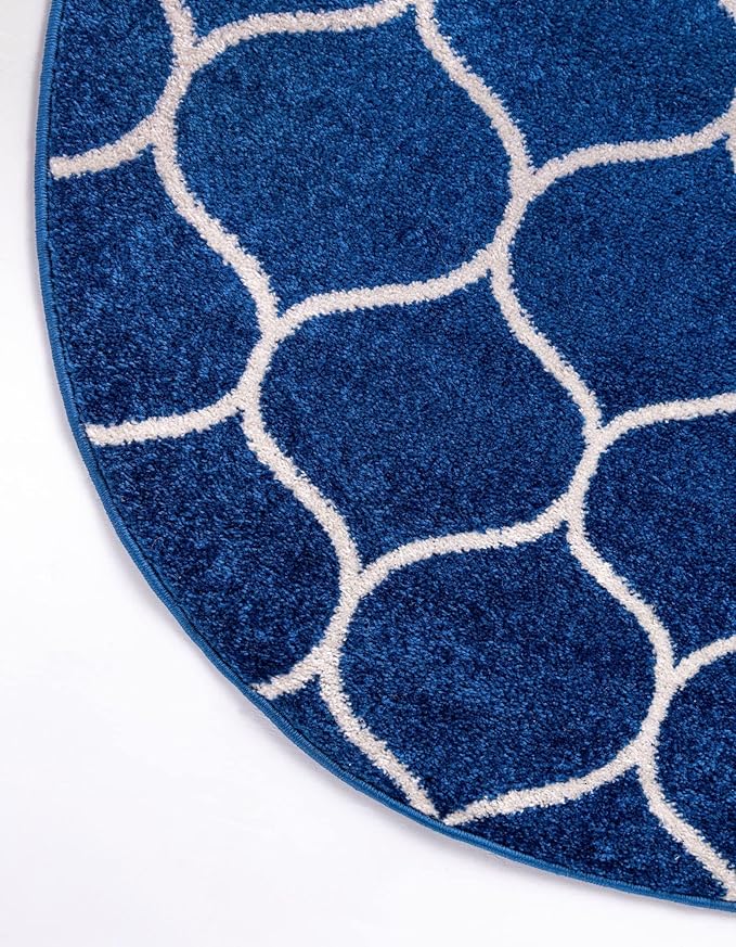 Rugs.com Lattice Frieze Collection Rug – 3' Round Navy Blue Medium Rug Perfect for Kitchens, Dining Rooms
