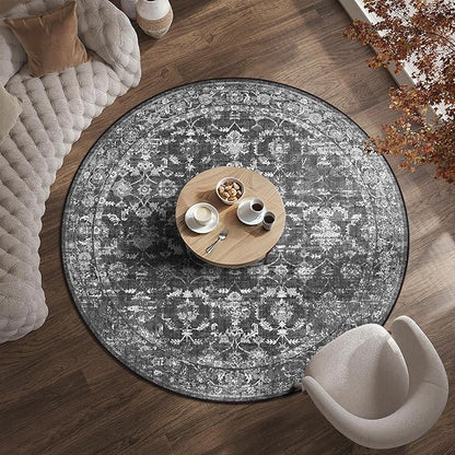 6ft Round Washable Area Rugs for Living Room, Vintage Boho Large Rug for Bedroom Dining Room Office, Distressed Floral Print Carpet for Under Table, Soft Non Slip Low Pile Throw Indoor Mat, Black