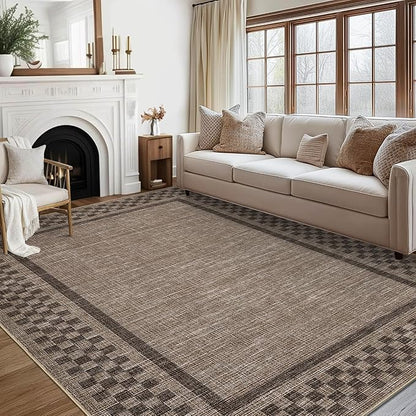 Small Bedroom Area Rug 3x5 Checkered Area Rug for Living Room Nursery Non Slip Kitchen Throw Carpet Low Pile Modern Bordered Rugs Washable Bathroom Mat Soft Brown Rugs for Laundry Entryway, Brown