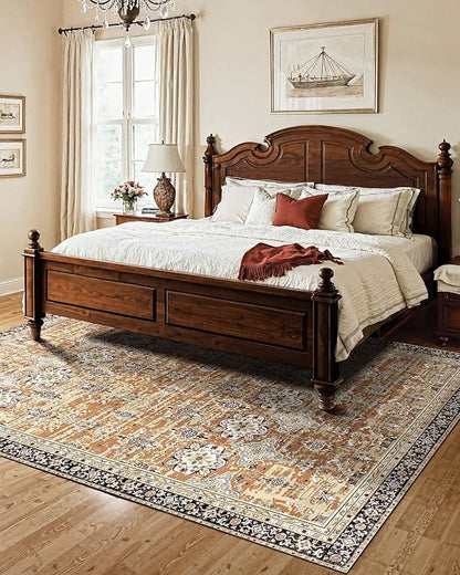 VEVOR 7.5 x 9.5 ft Area Rug Large Washable Rug Non-Slip and Tear-Resistant Soft Carpet Pet & Child Friendly Vintage Area Rugs Indoor Mat for Bedroom Living Room Office Entryway Brown Green