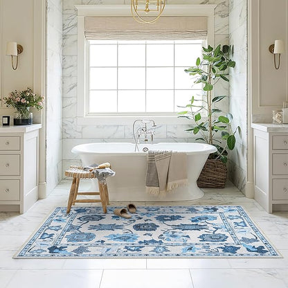Fame Living Navy Blue Oushak Rug, Modern, Vintage, Turkish, Eclectic, Floral, Pastel, Washable, Large Area Rugs for Living Room, Dining, Bedroom, Girls, Boys, 7'5"x9'8"