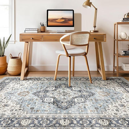 9x12 Area Rug Living Room: Washable Boho Large Neutral Vintage Soft Rugs Stain Resistant Farmhouse Non-Slip Indoor Floor Carpet for Bedroom Nursery Kids Playroom Office Dining Room House- Blue Tan