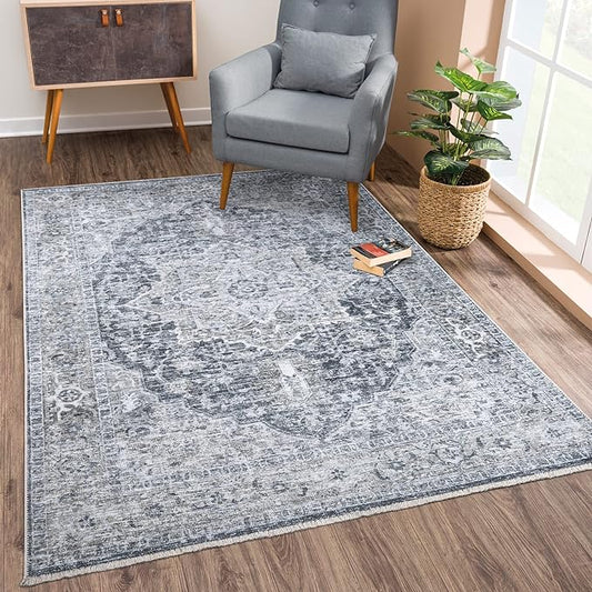 Bloom Rugs Caria Washable Non-Slip 5x7 Rug - Gray/Dark Blue Traditional Area Rug for Living Room, Bedroom, Dining Room, and Kitchen - Exact Size: 5' x 7'
